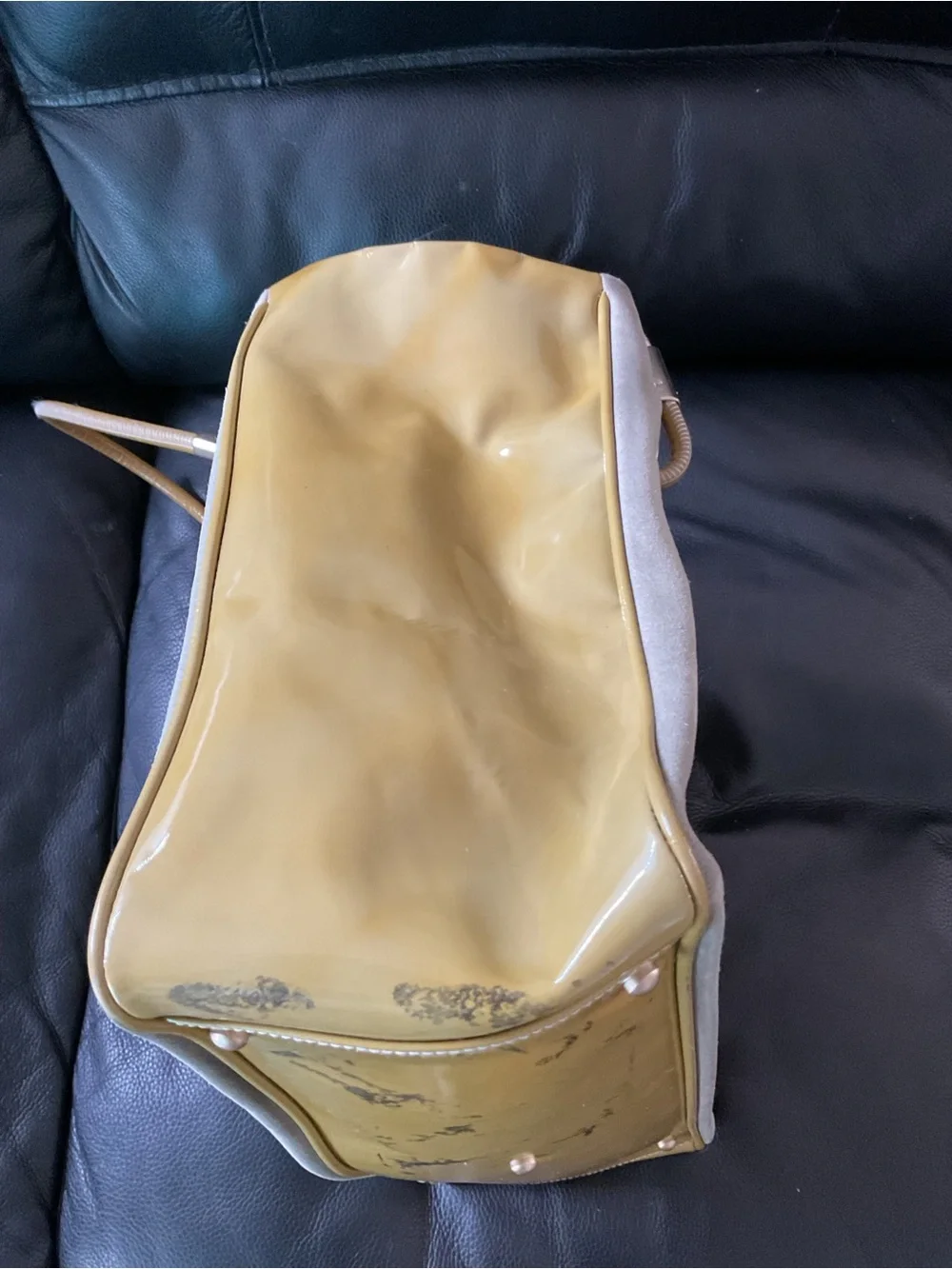 CHANEL Beige Suede Tote with Mustard Patent Trim and Camellia